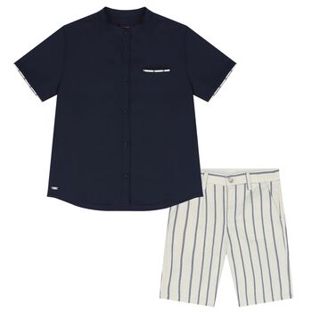Boys Ivory & Navy Blue Striped Shorts Set