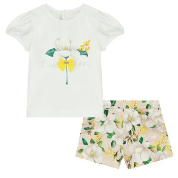 Younger Girls White & Beige Floral Shorts Set