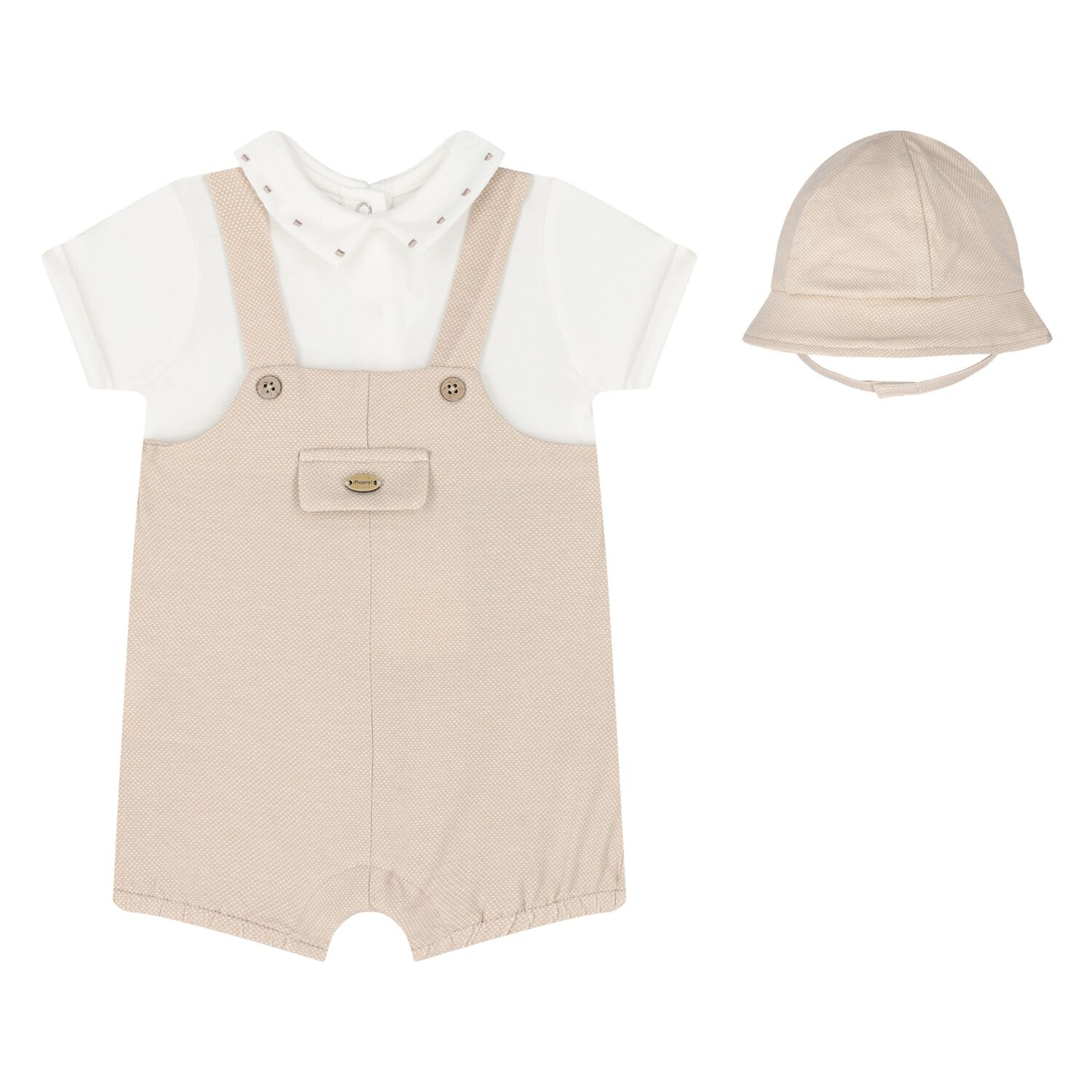 Baby Boys Beige & White Dungaree & Hat Set, 3, hi-res