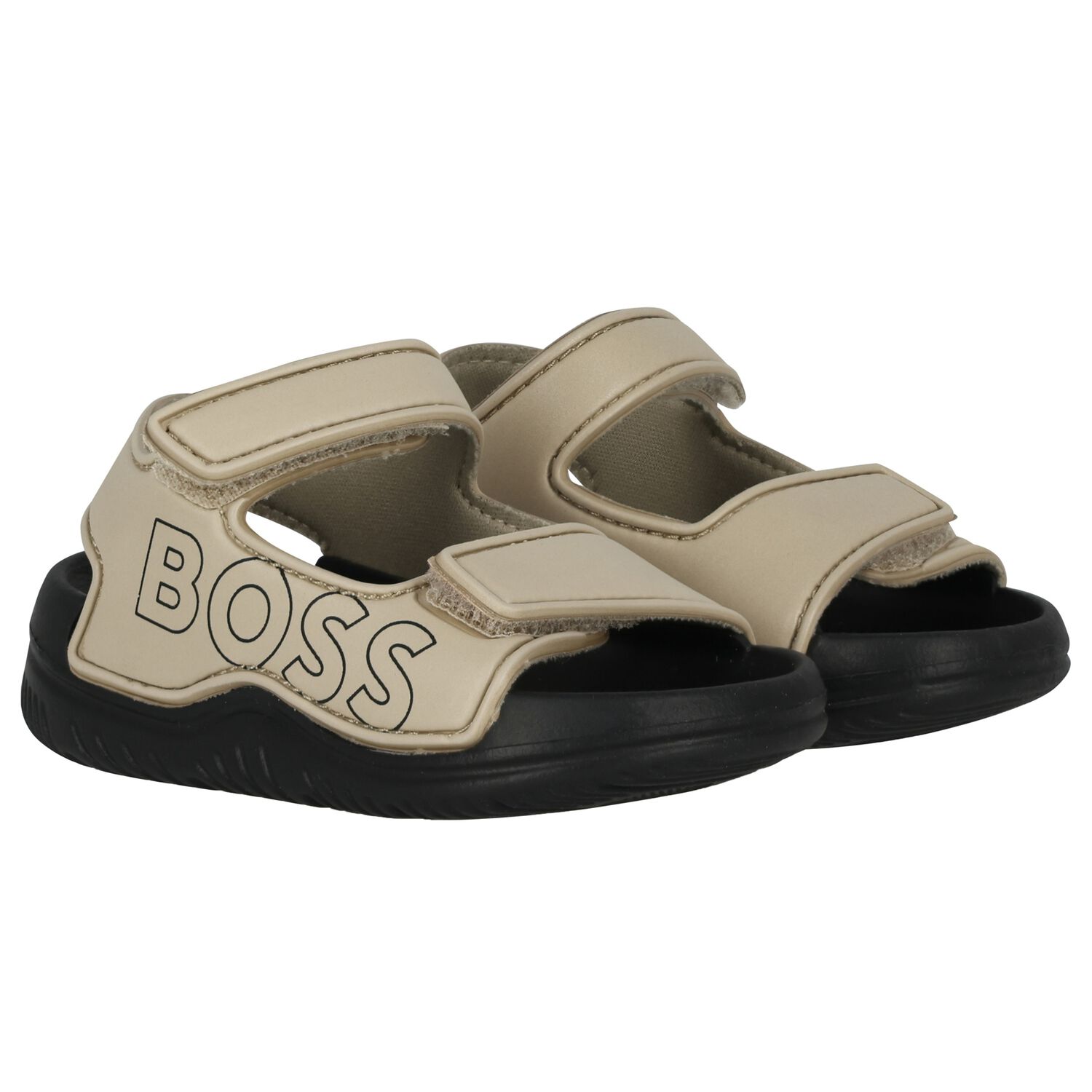 Boys Beige & Black Logo Sandals, 2, hi-res