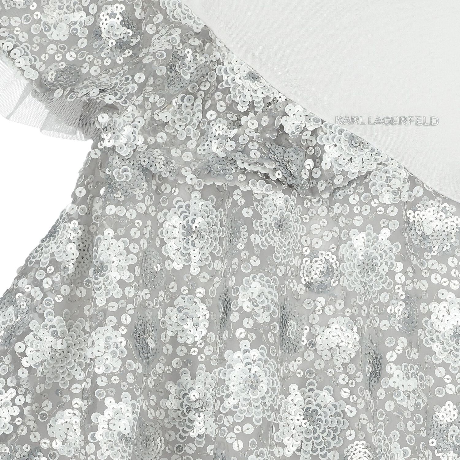 Girls White & Silver Logo Sequinned Organza Dress , 1, hi-res