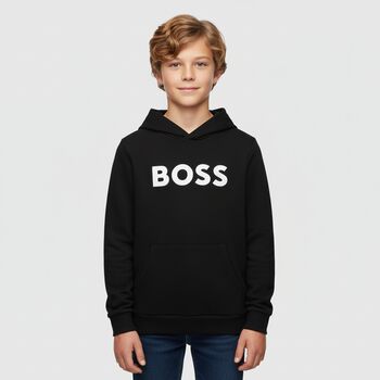 Boys Black Logo Hooded Top