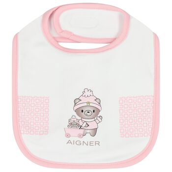 Baby Girls White & Pink Teddy Bear Logo Bib