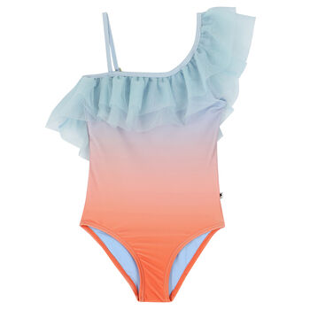 Girls Blue & Orange Ruffled Swimsuit