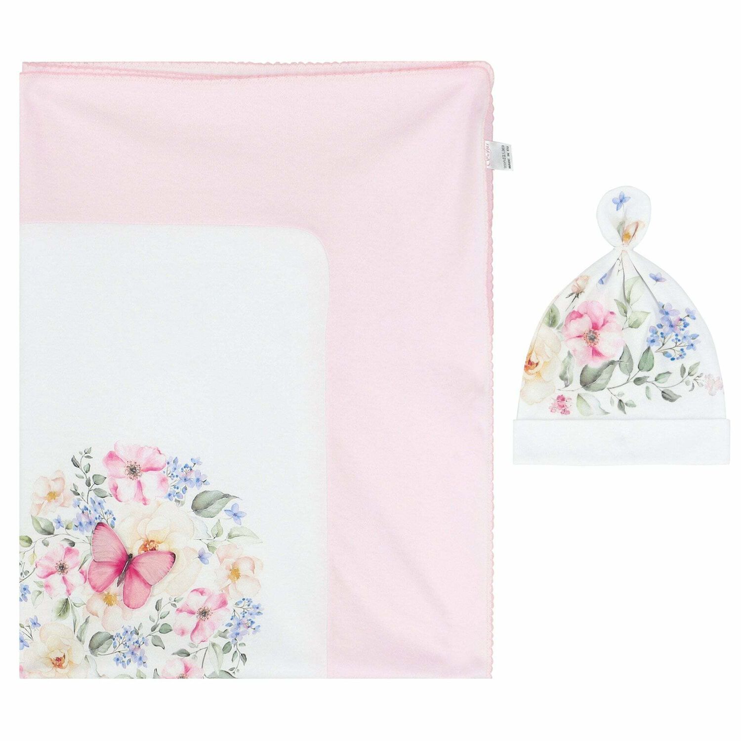 Baby Girls White & Pink Floral Blanket & Hat Gift Set, 1, hi-res