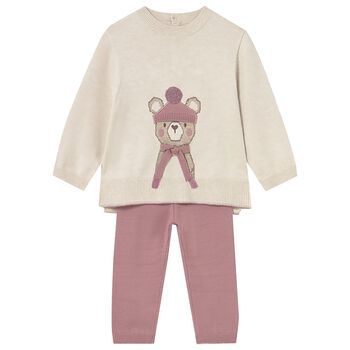 Younger Girls Beige & Pink Teddy Bear Trousers Set