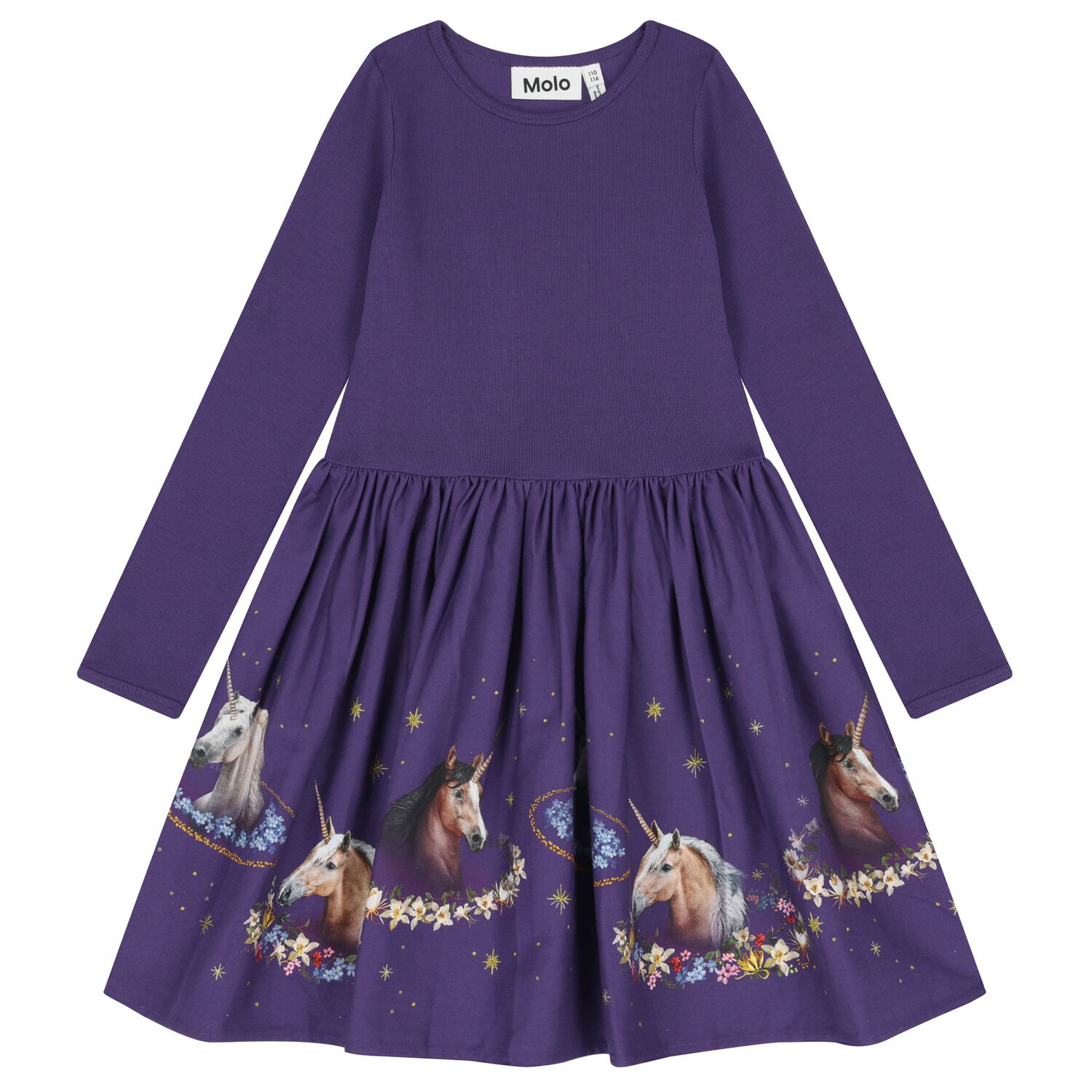 Girls Purple Unicorn Long Sleeve Dress , 1, hi-res