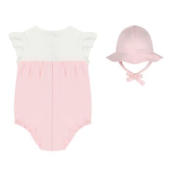 Baby Girls White & Pink Romper & Hat Set