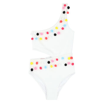 Girls White Pom-Pom Swimsuit