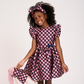 Girls Navy & Pink Heart Dress