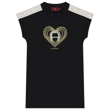 Aigner Girls Black Logo Heart Dress, 2 Girls Black Logo Heart Dress
