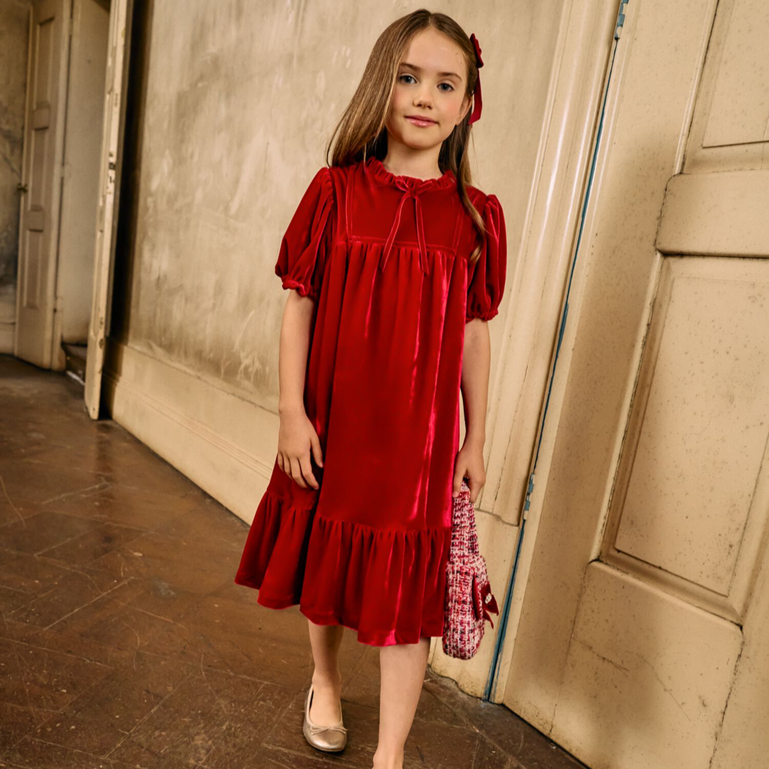 Girls Red Bow Velvet Dress, 1, hi-res