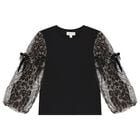 Girls Black Leopard Tulle Long Sleeve Top, 1, hi-res