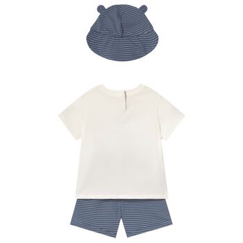 Younger Boys White & Blue Cotton Car Shorts Set