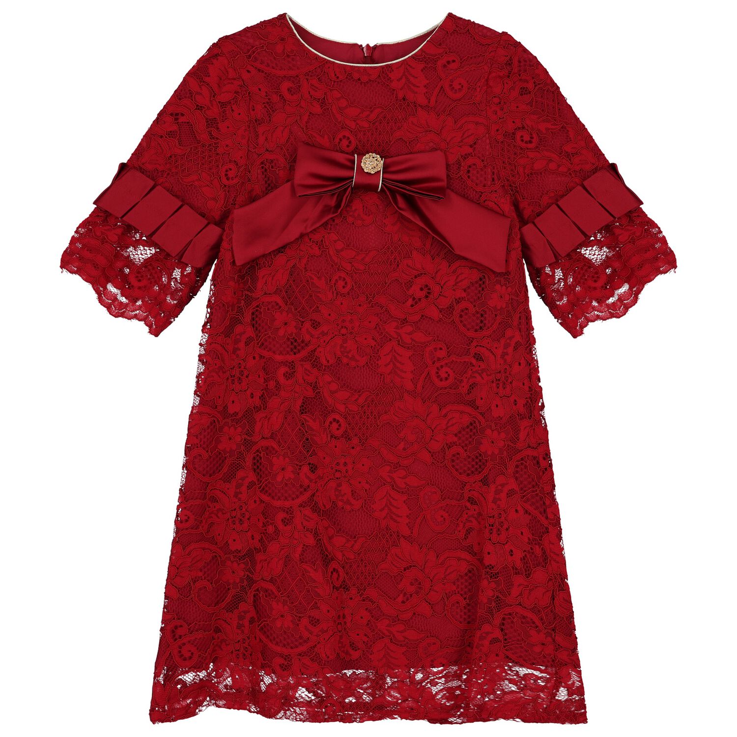 Girls Red Lace & Satin Bow Dress, 2, hi-res