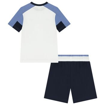 Boys White & Navy Blue Logo Shorts Set
