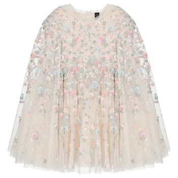 Girls Ivory Floral & Tulle Cape Dress