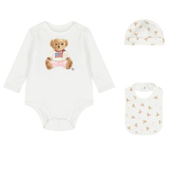 Baby Girls White Polo Bear Babysuit & Hat Gift Set