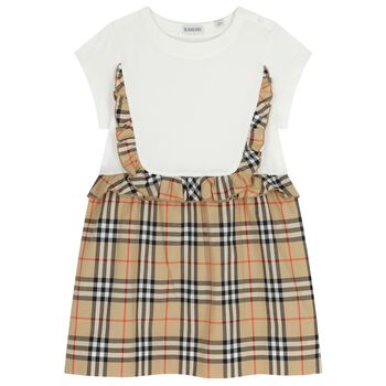 Girls White & Beige Check Ruffled Dress