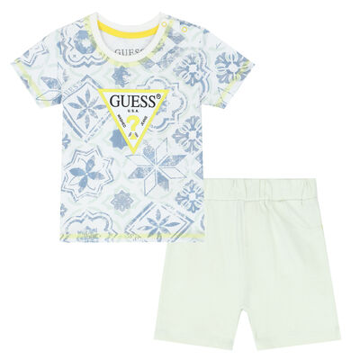 Baby Boys White & Green Logo Shorts Set