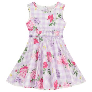 Girls Lilac & White Floral Gingham Dress