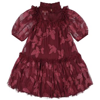 Girls Burgundy Leaf Embroidery Tulle Myrtisa Dress