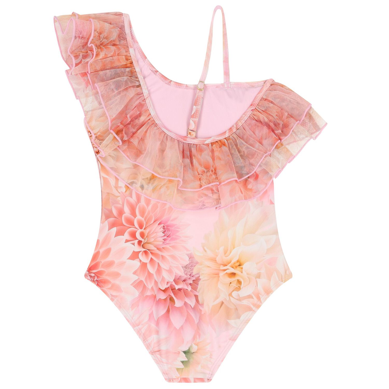 Girls Orange Floral Ruffle Swimsuit (UPF50+), 2, hi-res image number null