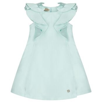 Girls Aqua Satin Ruffle Dress