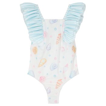 Girls White & Blue Seashells Swimsuit