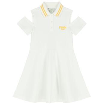 فستان بولو بنات بالشعار باللون الأبيض والأصفر