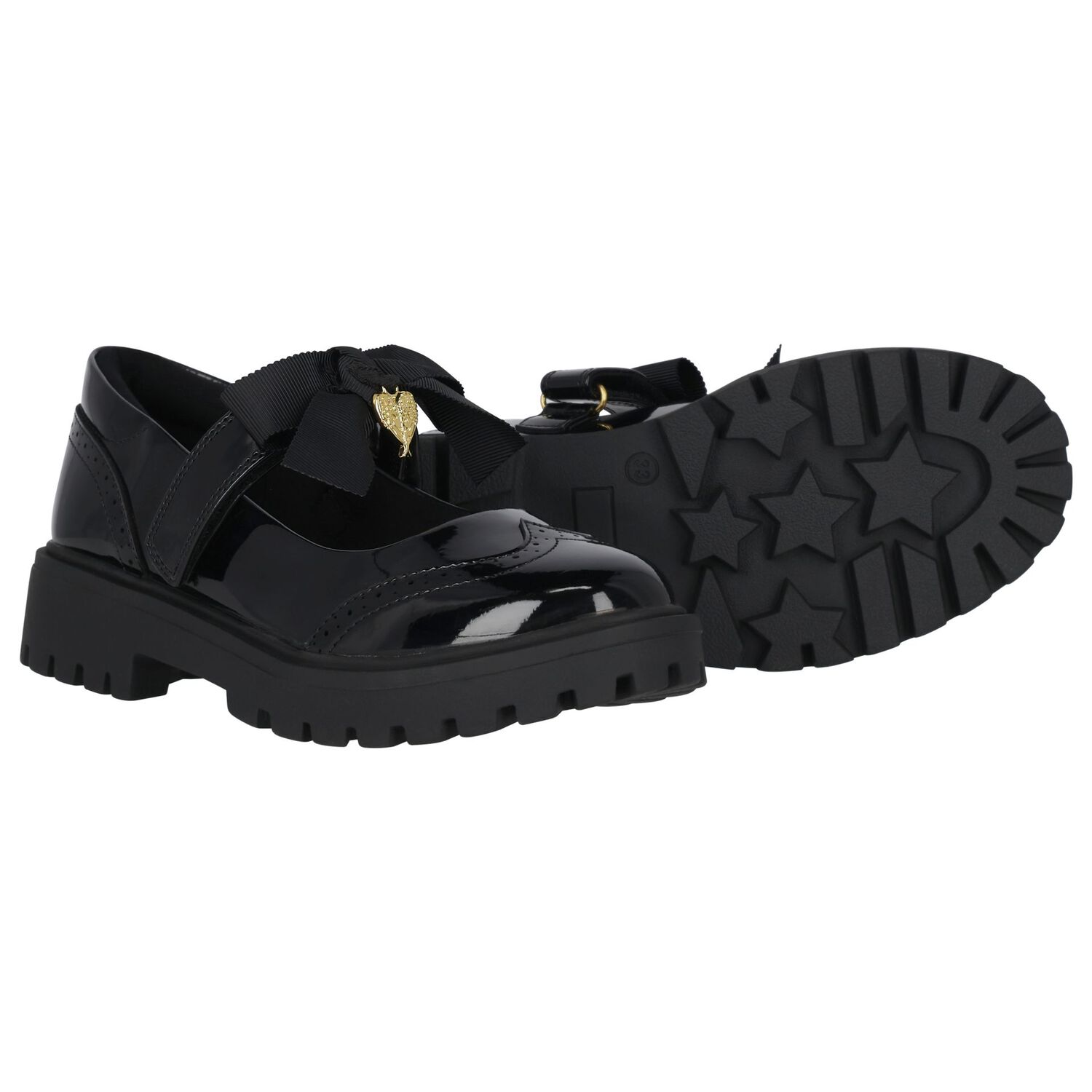 حذاء بناتي من الجلد اللامع باللون الأسود بشعار, 1, hi-res