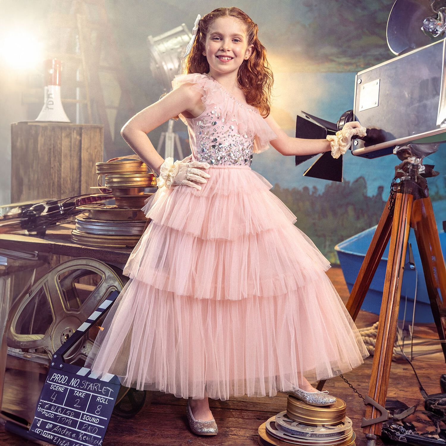Girls Pink Sequin Embellished Tulle Premiere Princess Dress, 1, hi-res