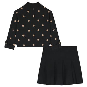 Girls Black & Beige Polka Dot Skirt Set