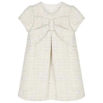 Girls Ivory Bow Tweed Dress