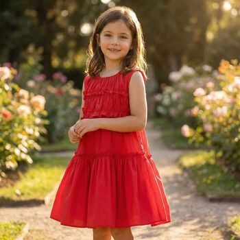 Girls Red Poplin Ruffle Dress