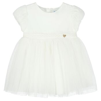 Younger Girls Ivory Pleated Tulle Dress