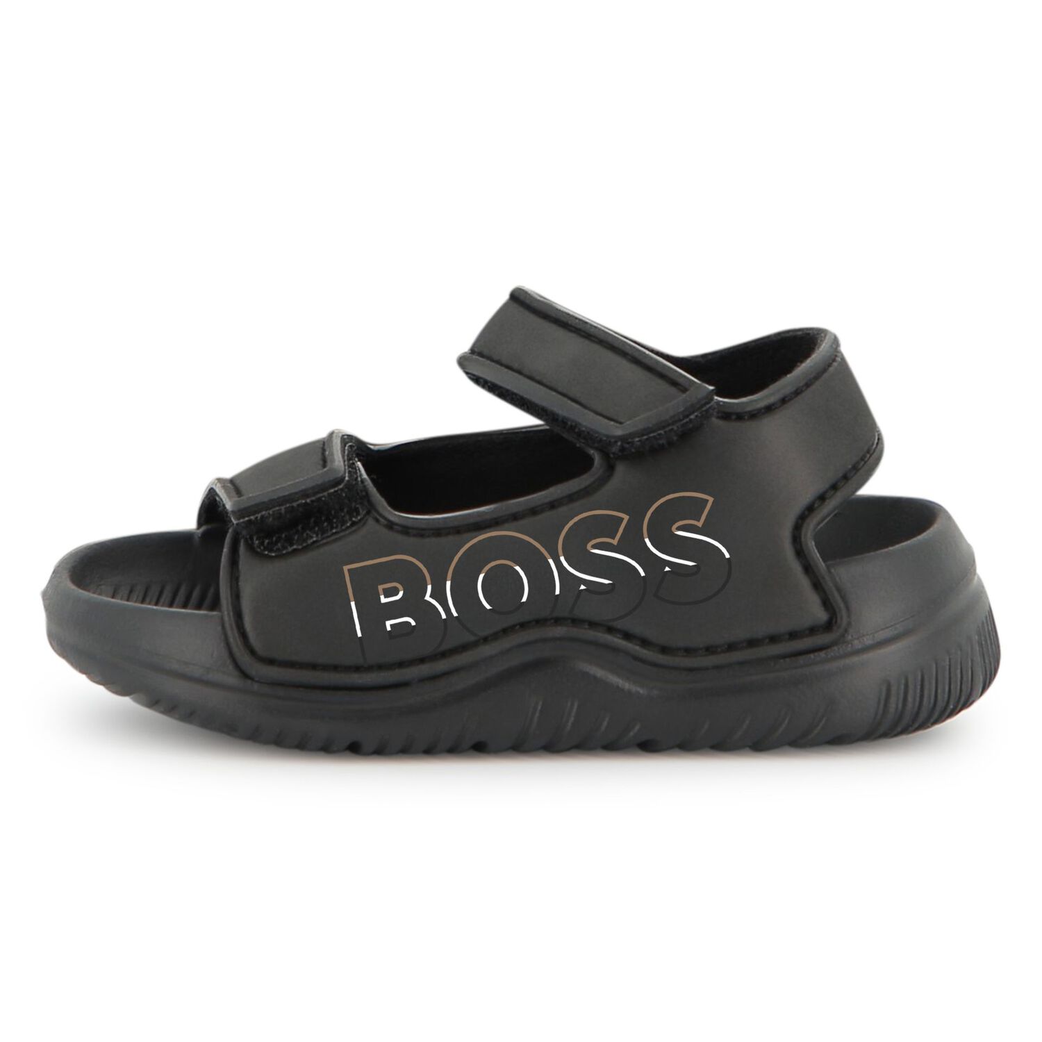 Boys Black Logo Sandals, 1, hi-res