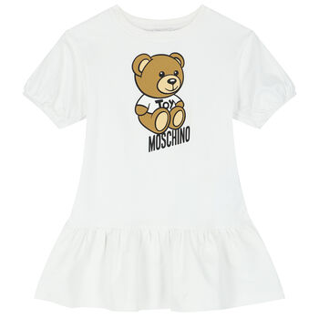Girls White Teddy Bear Logo Dress