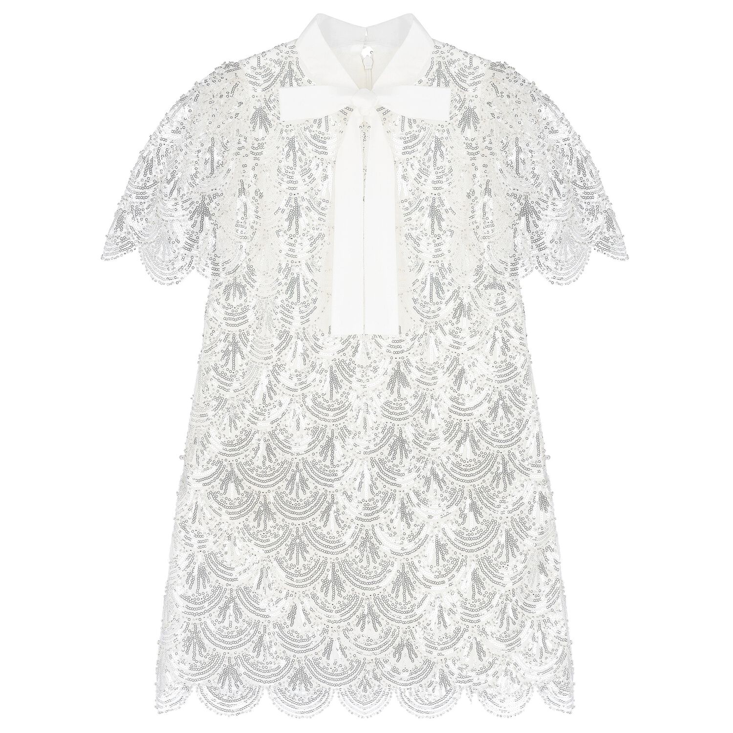 Girls White Embellished Sequin Dress, 1, hi-res
