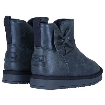 Girls Metallic Blue Faux Leather Bow Boots