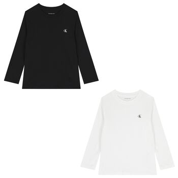 Boys White & Black Logo Long Sleeve Top ( 2 Pack )