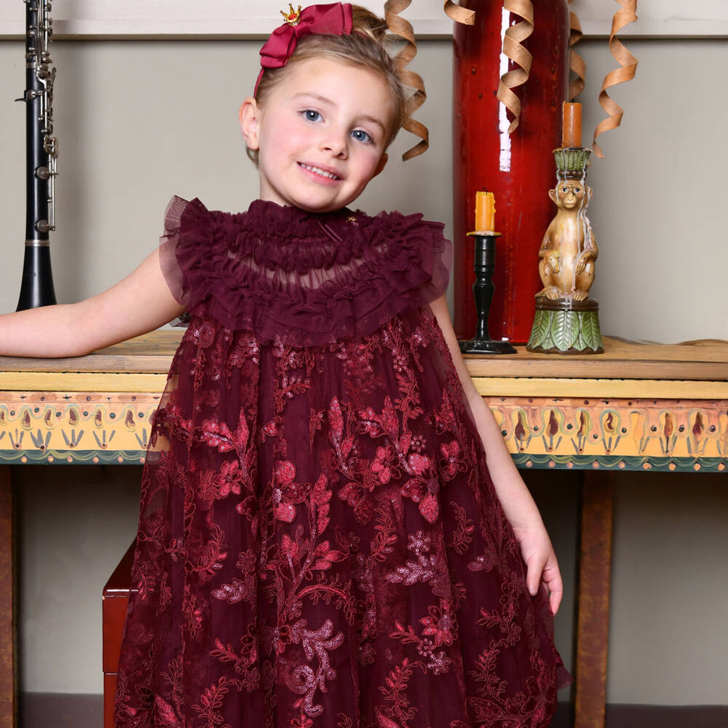 Girls Burgundy Embellished Tulle Dress, 2, hi-res image number null
