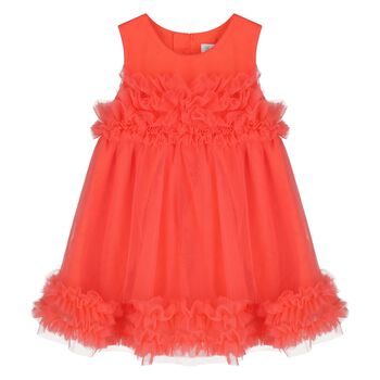 Younger Girls Coral Ruffled Tulle Dress