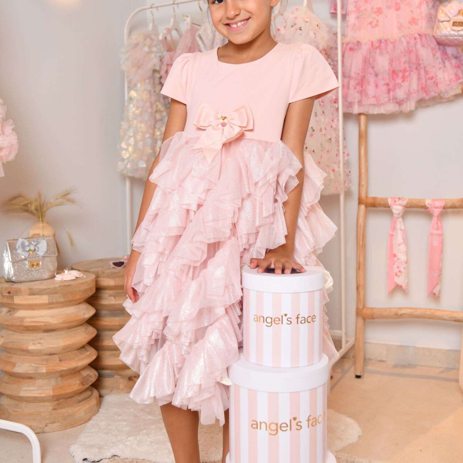 Girls Pink Bow Tulle Dress, 1, hi-res