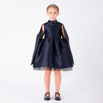 Girls Navy Blue Crystal Cape Sleeve Dress