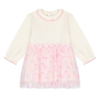 Younger Girls Ivory & Pink Bow Tulle Dress