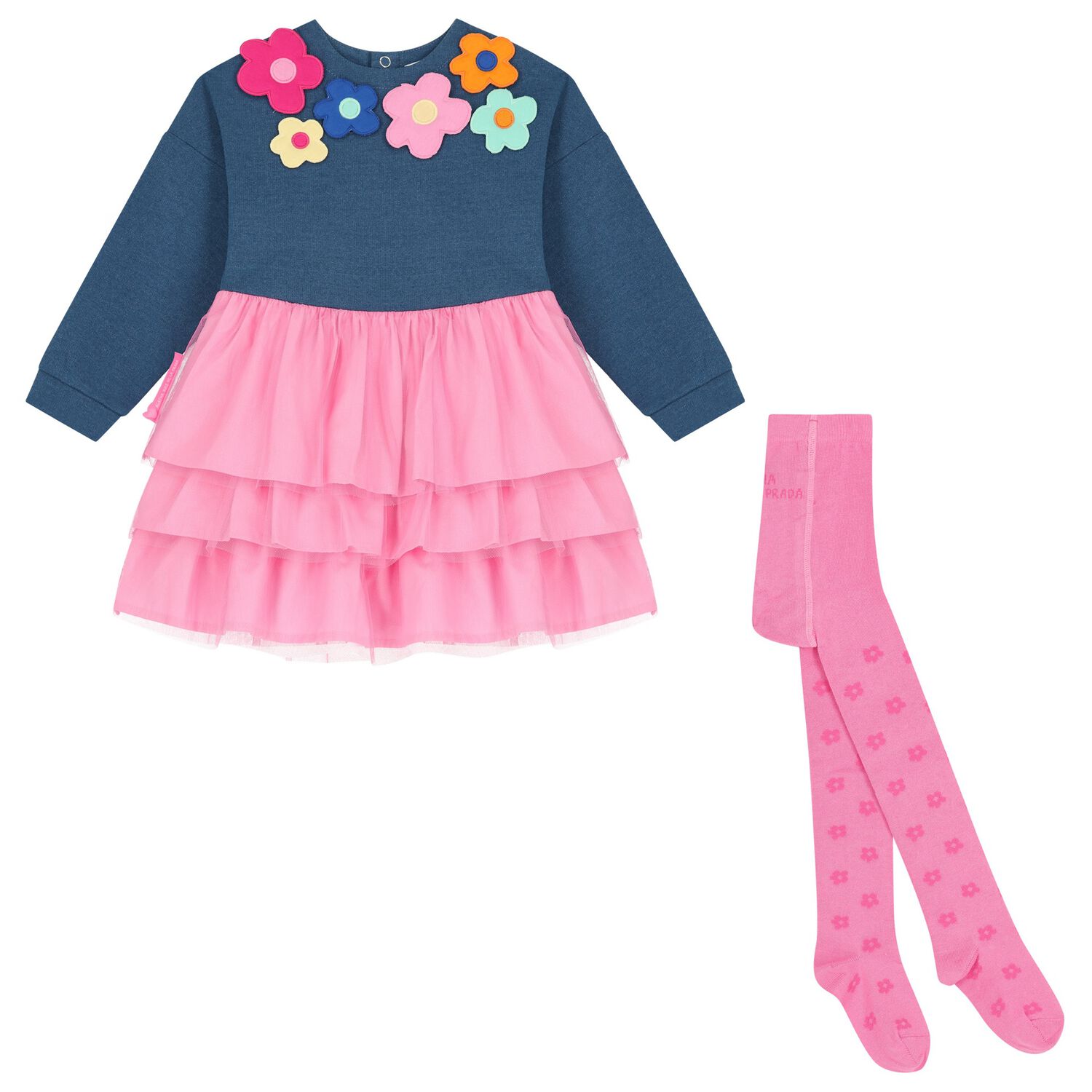 Girls Blue & Pink Flower Dress Set, 1, hi-res image number null