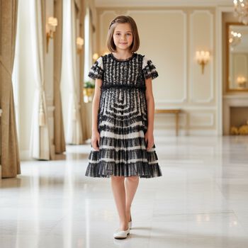 Girls Black & Beige Ruffled Tulle Dress