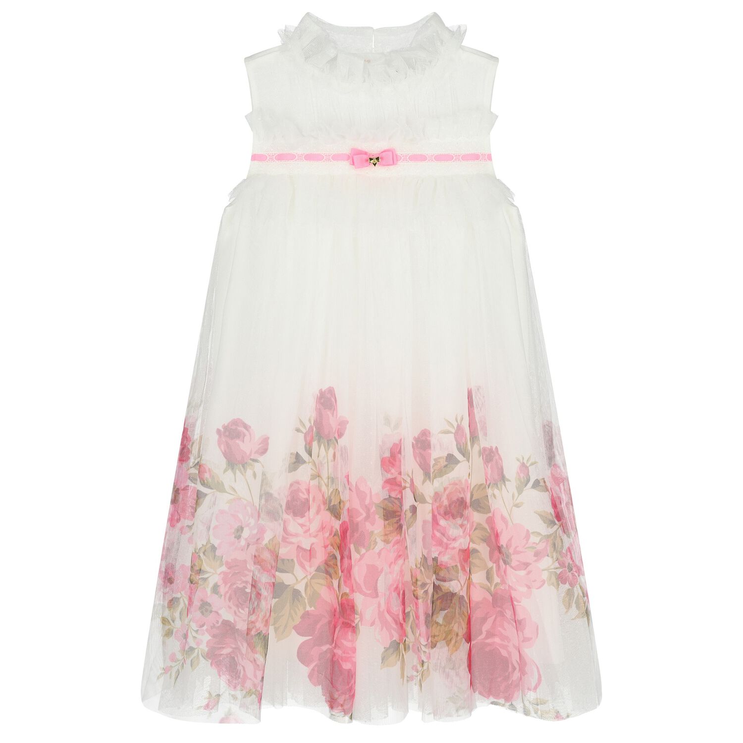 Girls White & Pink Floral Tulle Dress, 2, hi-res