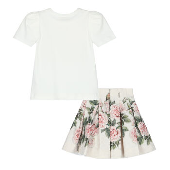 Girls White & Ivory Rose Skirt Set